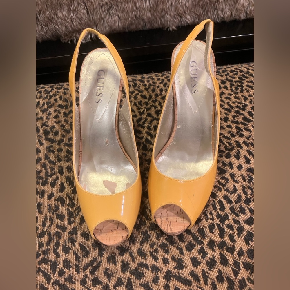 Guess Women's Mustard Peep Toe Heels
